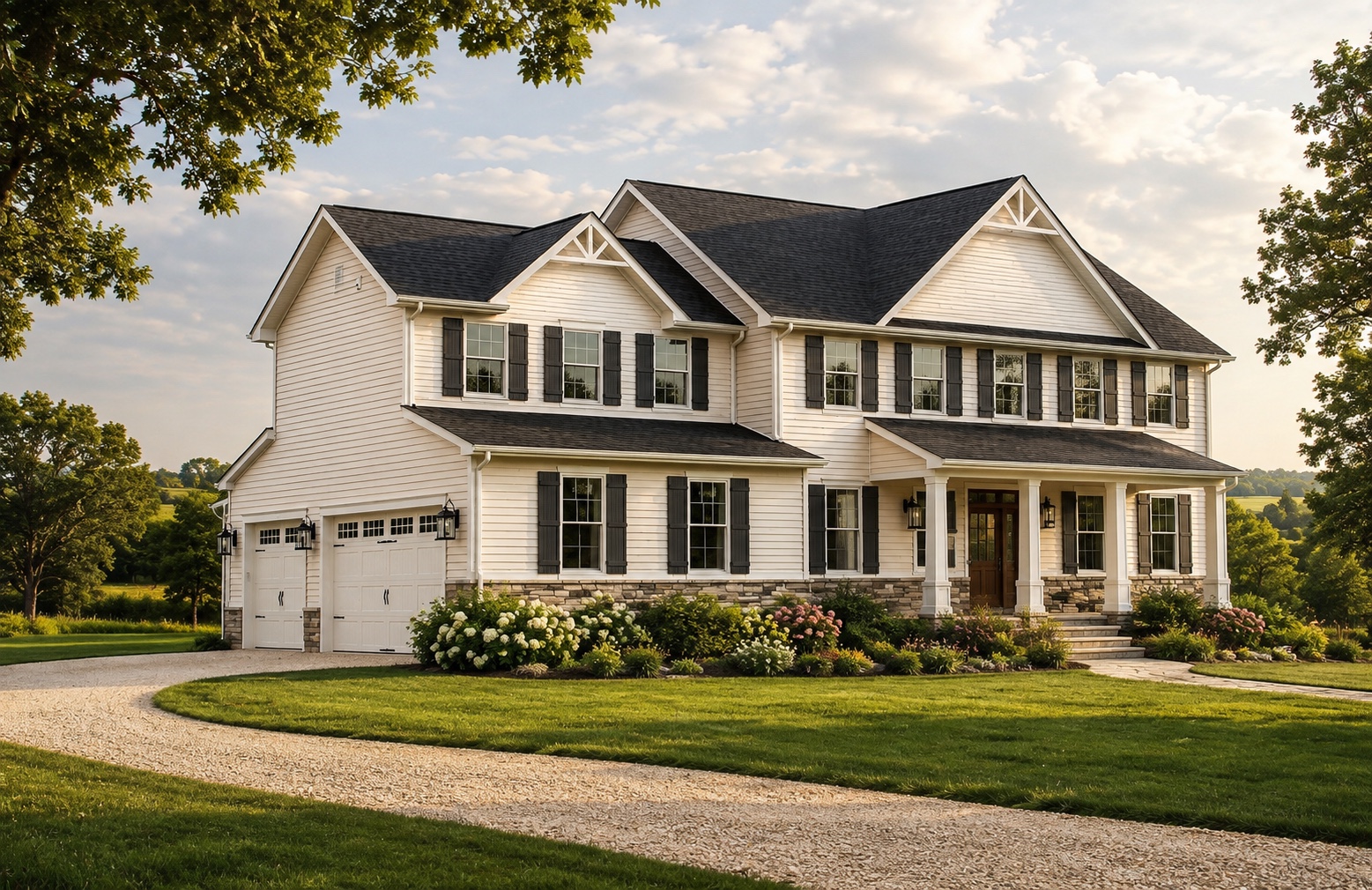 Country-home concept based on an RMH home with creamy white siding, stonework, lush planting, and warm country sunlight